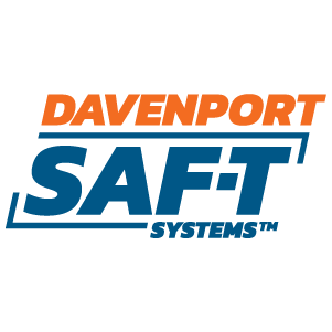 Logo for Davenport SAF-T Systems, appearing in block lettering, all-caps in orange and blue text.